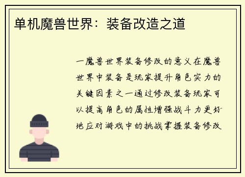 单机魔兽世界：装备改造之道